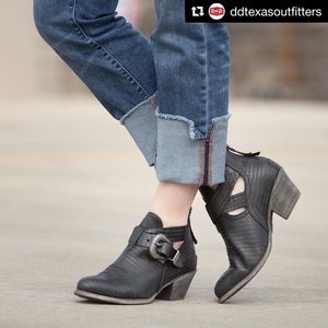 Women's Black Cutout Leather Ankle Boots with Buckle